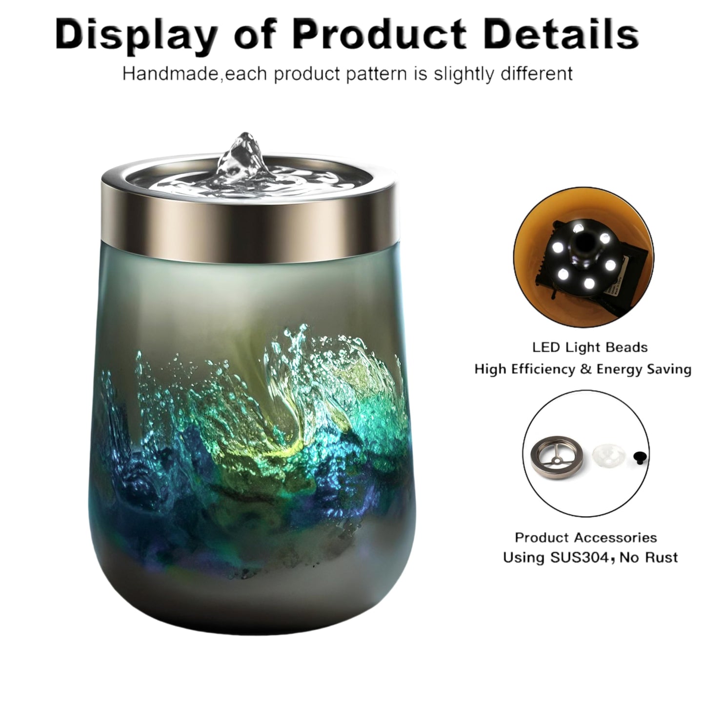 VOREEN Handblown Art Glass Tabletop Fountain, Quiet USB Desk Water Feature for Home & Office, Artisan-Made Landscape Glass Water Design with Soft White Ambient Glow, Collectible Décor Gift – Grey