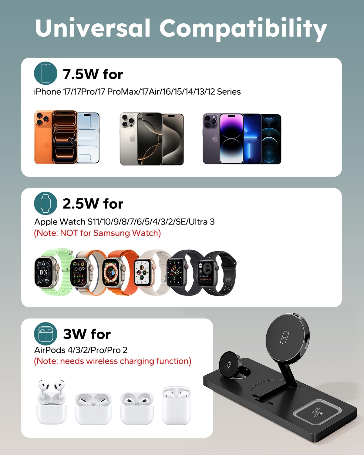 Foldable 3 in 1 Charging Station for Magsafe, Magnetic Phone and Watch Charger Stand for Apple Devices, Wireless Desk Charger Dock for iPhone 17 16 15 14 13 12 Series, Apple Watch and Airpods