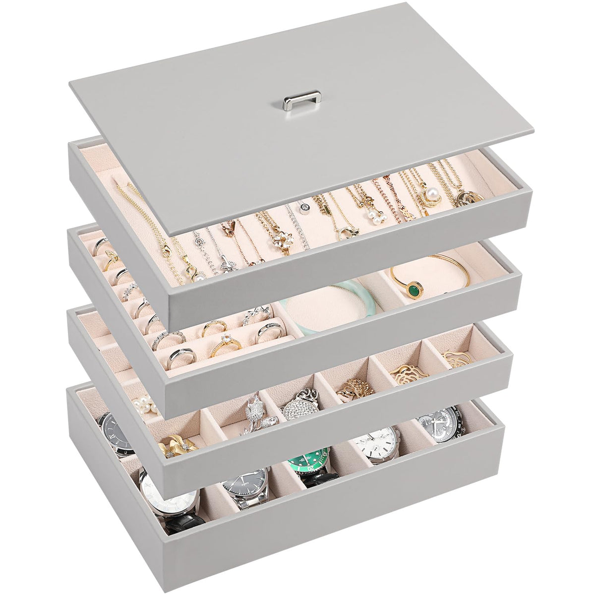 Voova Stackable Jewelry Organizer Tray with Lid, PU Leather Jewelry Storage Holder for Drawer Inserts, Jewellery Display Box Case for Earring Necklace Ring Watch Bracelet (Set of 4, Grey)