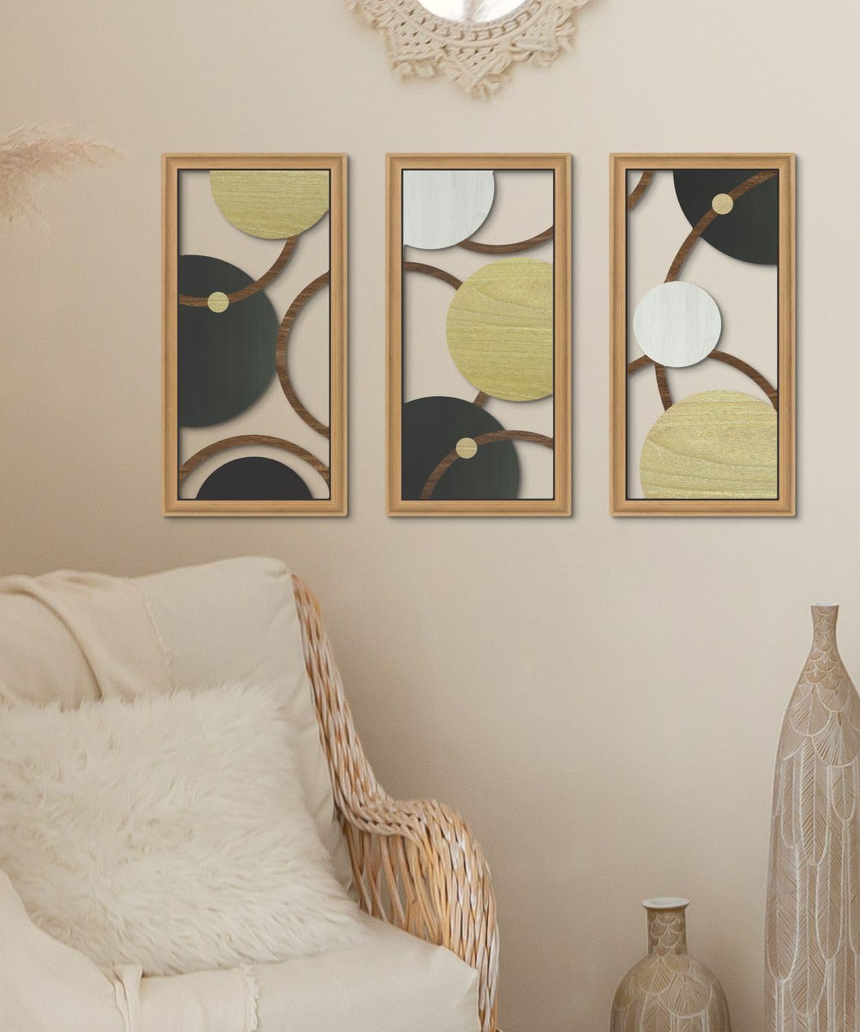 Putuo Decor Modern Geometric Cut-Out Wall Art Set of 3, Black Gold Circle Wall Panels for Living Room Bedroom Office, 3D Layered Abstract Metal Look Wall Decor