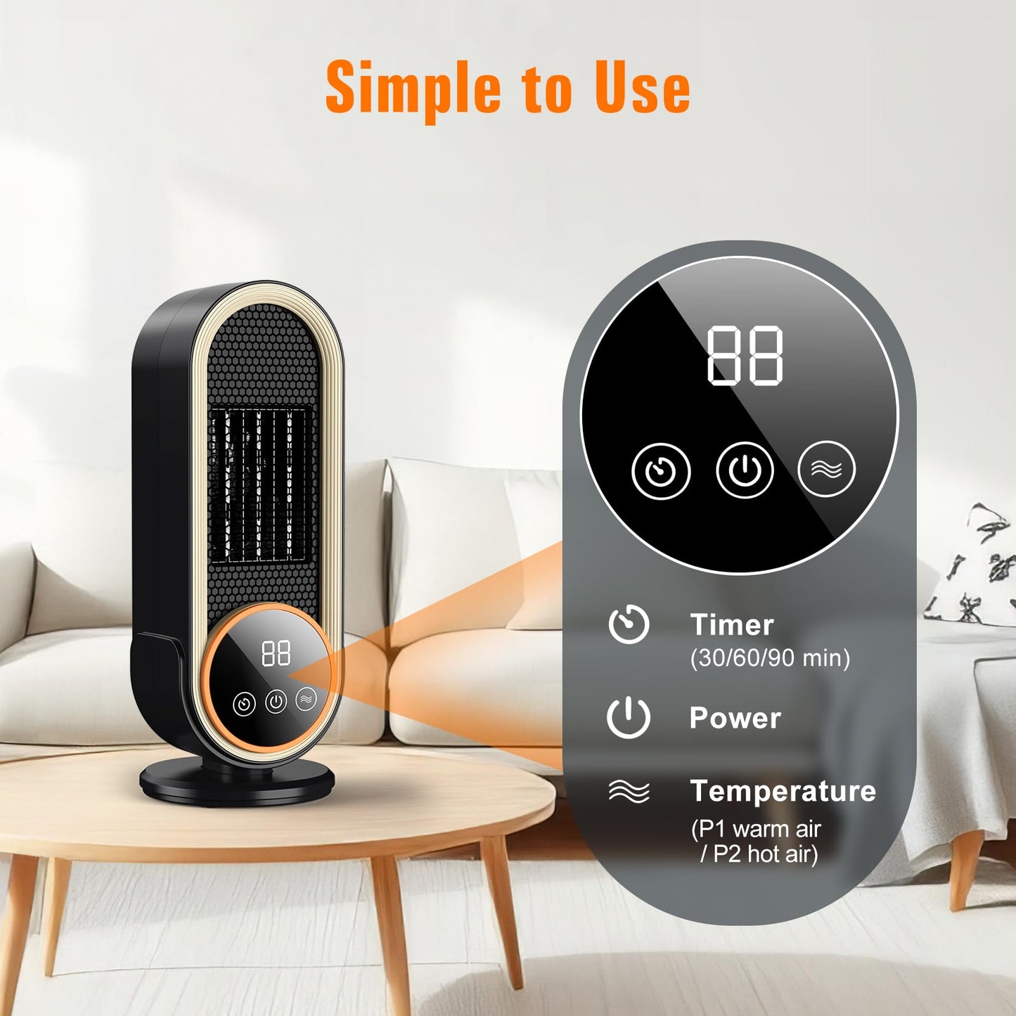 Dandist Space Heaters for Indoor Use with Remote, 2s Efficient Heating, Overheat & Tilt Protection, 1200W PTC Ceramic Portable Heater with Display, Timer, Two-Speed, Electric Heater for Bedroom Office