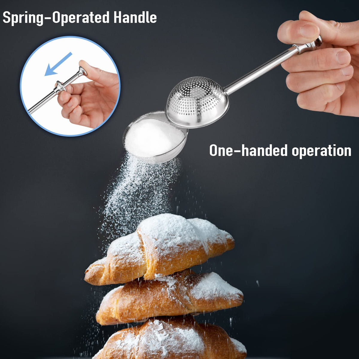 PIQUEBAR Flour Sifter - 5 Cup Fine Mesh Hand Crank Sifter Stainless Steel with Agitator Wire Loop for Baking, Powdered Sugar Duster Set