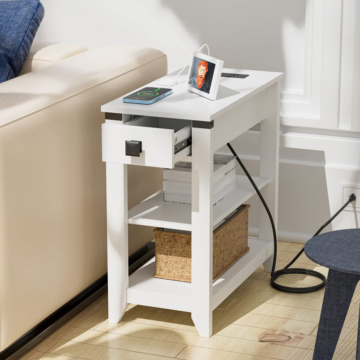 HOSEOKA Narrow End Table with Charging Station, Side Table with USB Ports and Outlets, Nightstand for Small Spaces, Slim Sofa Side Table with Storage Drawer for Living Room, Bedroom, White