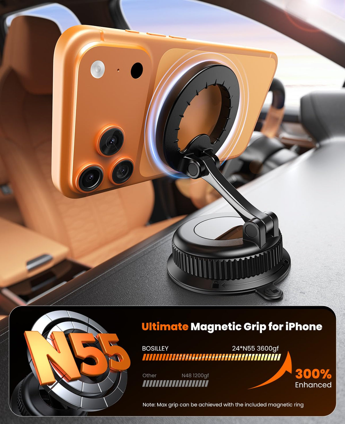 BOSILLEY Magnetic Car Phone Holder for MagSafe, Strong Suction Cup Car Phone Mount for Dashboard & Windshield, 360° Rotatable & Foldable, Adjustable Cell Phone Holder for Car, Fits iPhone 12–17 Series