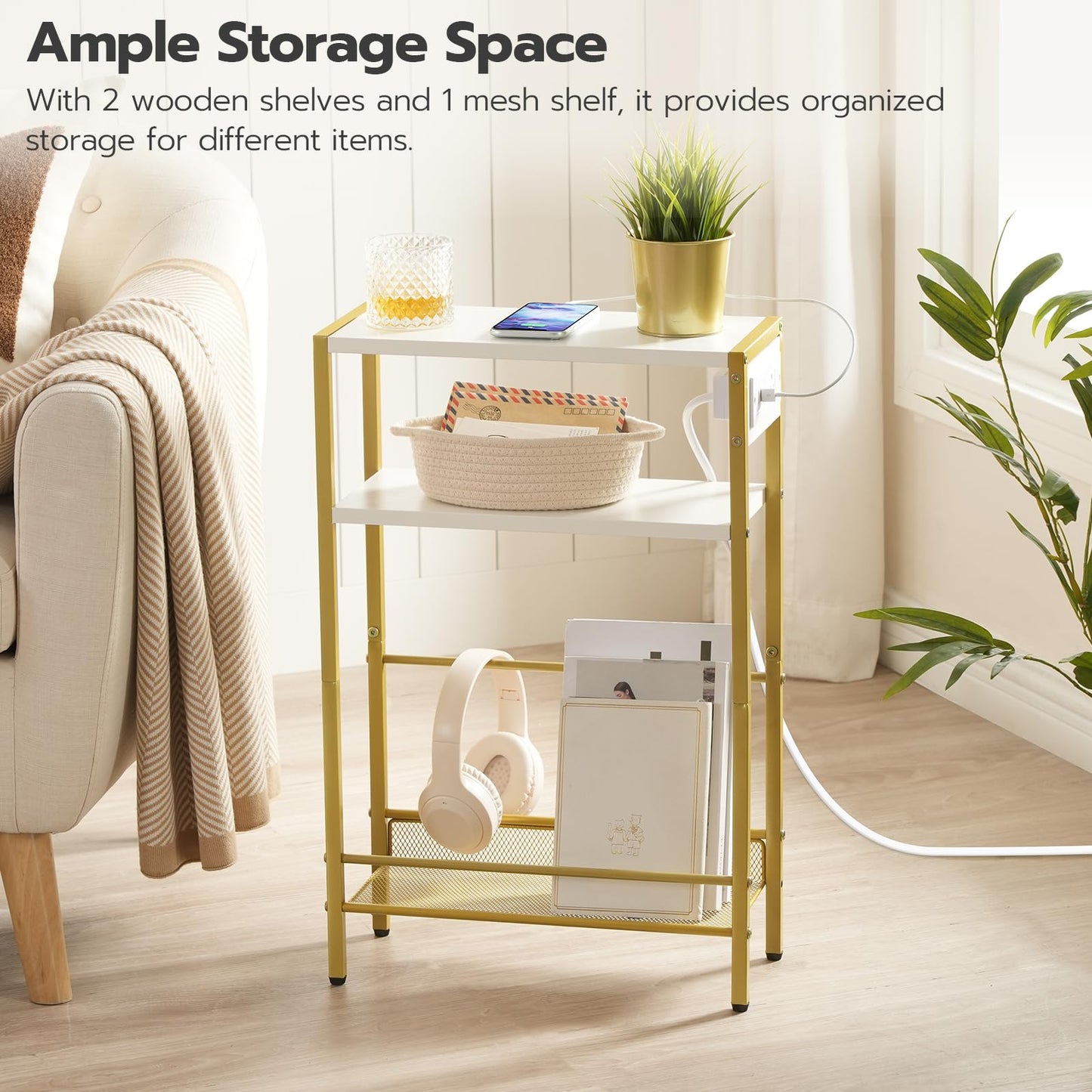 HOOBRO Small Narrow Side Table with Charging Station, Skinny End Table for Small Spaces, Slim Nightstand with USB Ports Outlet, Sofa Beside Table with Storage Shelf, White and Gold DW102UBZ01