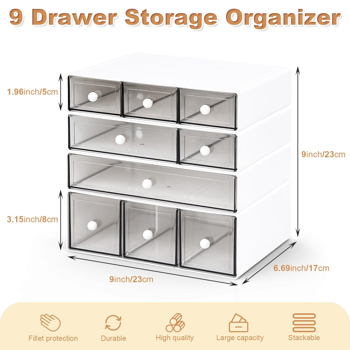 MYKASEN Desk Organizer with 9 Drawers, 4 Tier Plastic Stackable Storage Drawers for Desk Storage, Office Stationary Makeup Organizer Suit for Home, Office and School