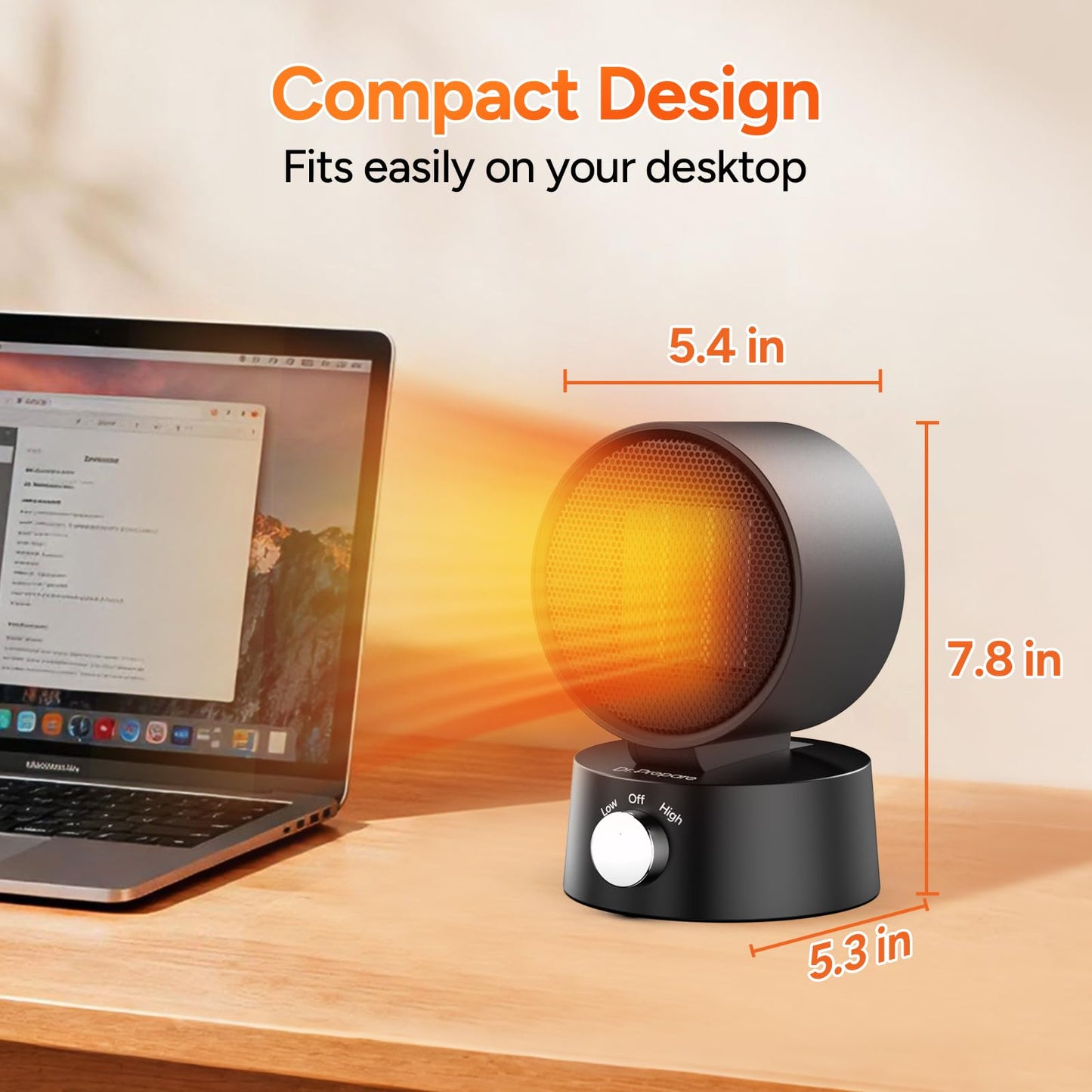DR.PREPARE Small Space Heater for Indoor Use with Manual Tilt, 600W Electric Ceramic Heater, Portable Desk Heater for Office Bedroom, Fast Heating, Tip-Over & Overheat Protection, Mini Heater for Home