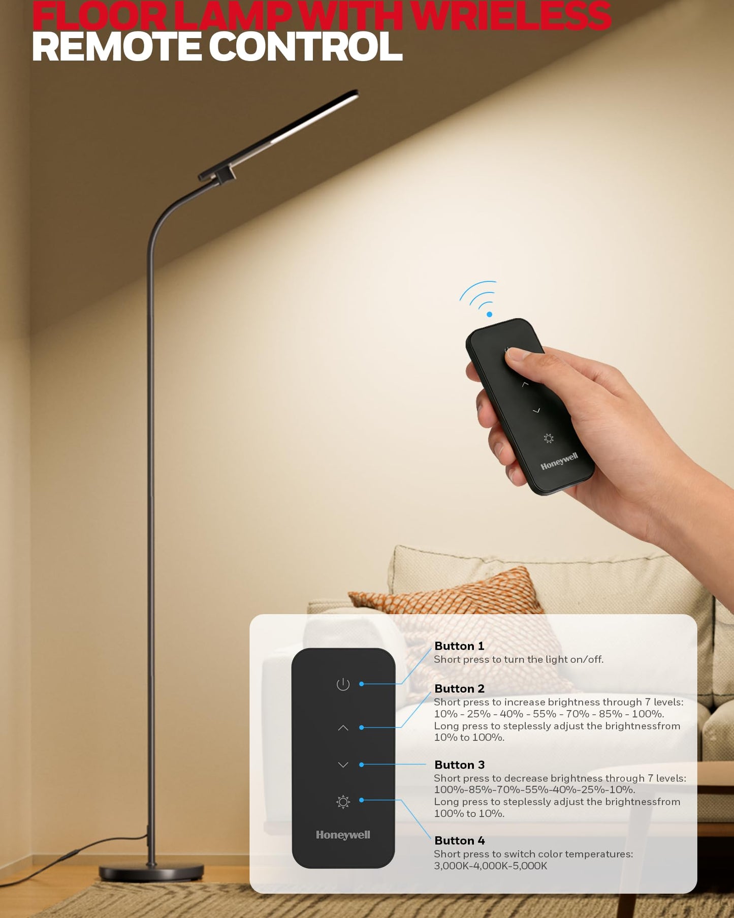 Honeywell LED Floor Lamp with Remote, CRI97 Full Spectrum Eye-Caring Reading Lamp, Stepless Dimmable 3000K-5000K Task Floor Lamp with Flexible Gooseneck for Living Room, Bedroom, Office