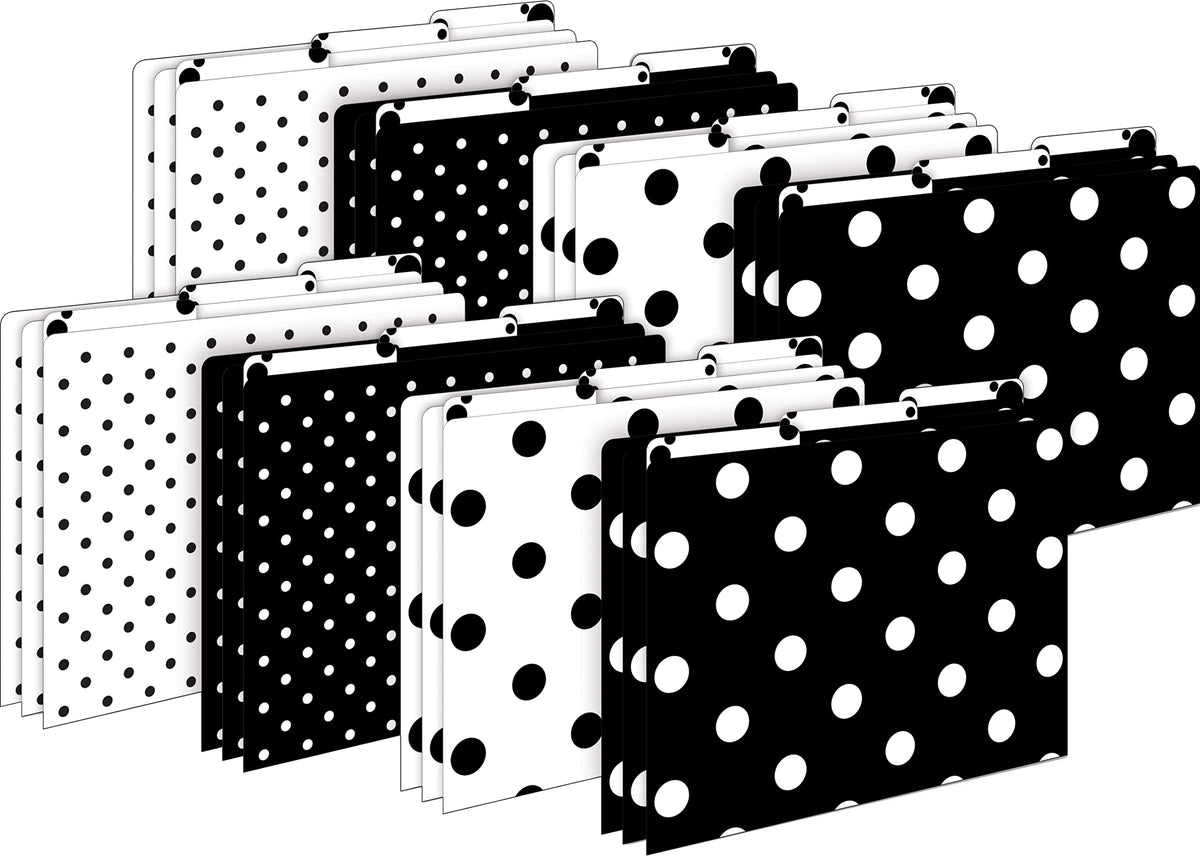 Barker Creek File Folders - Set of 24 Black & White Dot Letter Size Folders, 14pt Stock, Multi-Design Set, 1/3 Cut Tabs, Reversible, Home, School and Office Supplies (4378)