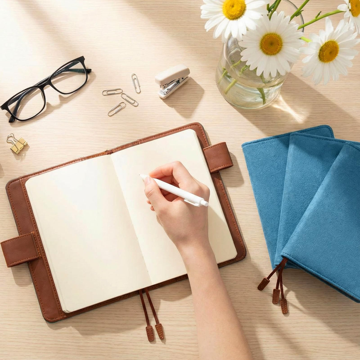 Fullhawl Velvet Cover for A5 Notebooks Planner Cover for Weeks A5 Planner Inserts & Refill Paper 6.4 x 9 Inches Refillable Notebook for Student(Dusty Blue)