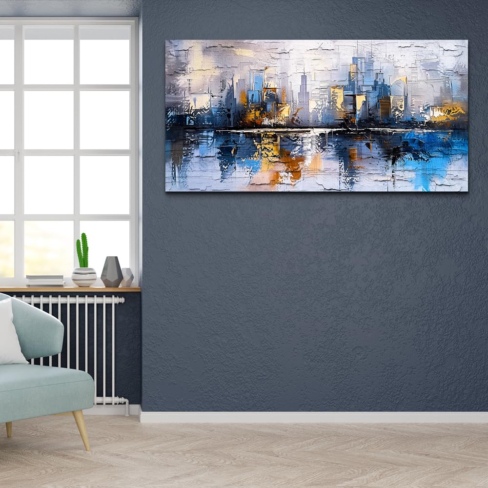 KELIYUAN Abstract City Oil Painting Large Home Decor Mural Living Room Bedroom Modern Printed Canvas Wall Art Yellow Blue Graffiti Mural Office Corridor Can Be Directly Hung Wall Decor 24 X 48 In