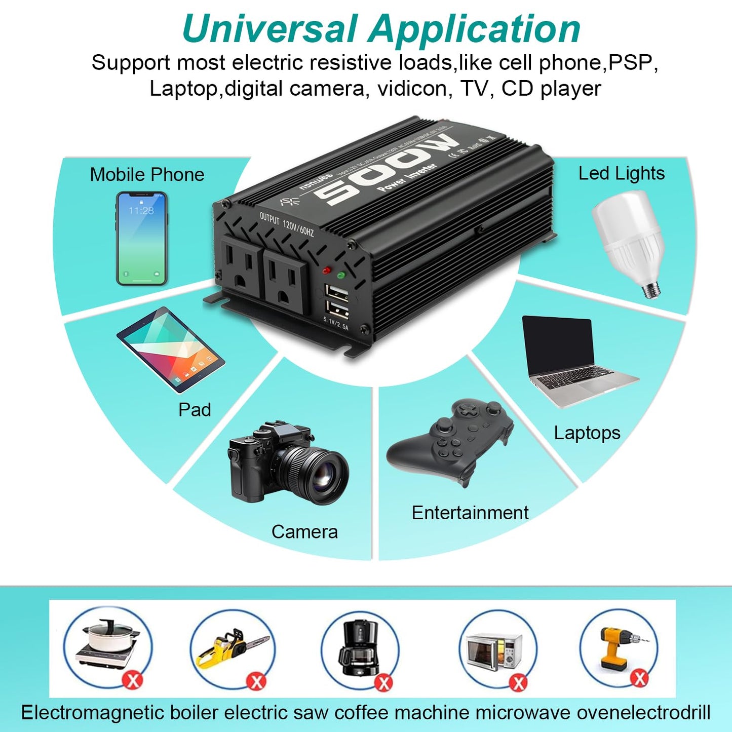 500 Watt Power Inverter car Inverter Rate 500W / Peak 1000W DC12V to AC 110V RV Inverter for Camping Charging Vehicle Power Inverter-Black(500W)