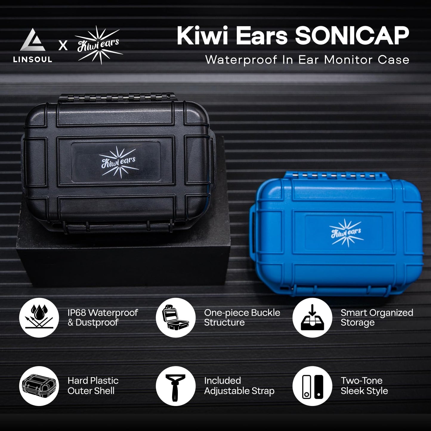 Linsoul Kiwi Ears SONICAP Waterproof Earbud Case,Hard Protective IEM Storage Box with EVA Lining,Hard Carrying Bag for Headphones,Earphone,Travel Carrying Case Fit for ZS10 Pro,Zero:2,EW300 (Black)