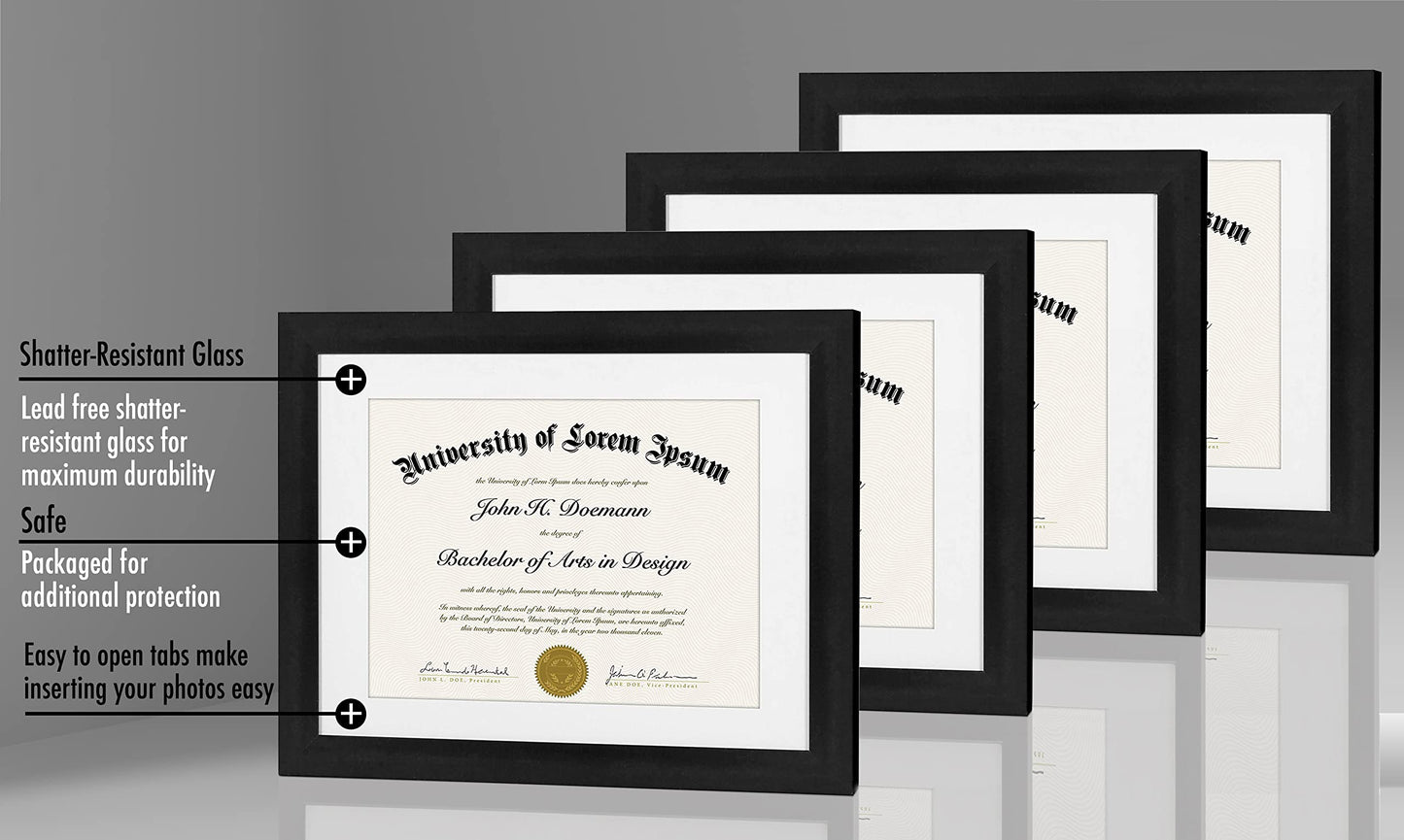 Americanflat 11x14 Diploma Frame with Shatter-Resistant Glass - Set of 4 - Use as 8.5x11 Frame with Mat or Display 11x14 Documents Without Mat - Certificate Frames with Engineered Wood - Black