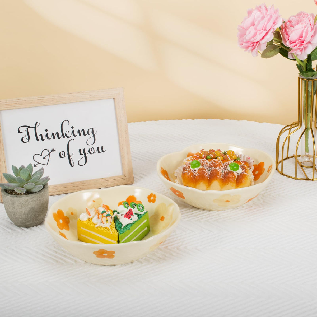 Koythin Salad Bowls, Cute Orange Flower Ceramic Bowls, Cream Yellow Serving Bowl for Pasta, Cereal, Fruit, Soup, Rice, Dishwasher and Microwave Safe (Orange Flower Set of 1)