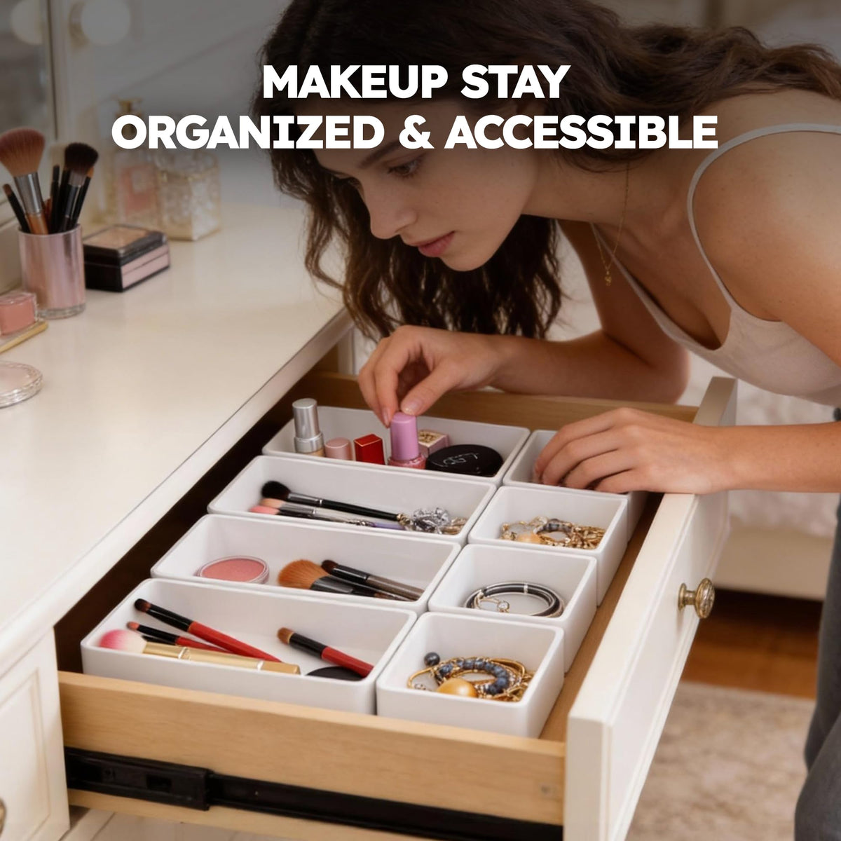 eazttouz 8 Pack Stackable Drawer Organizer Trays, Plastic Shallow Storage Bins for Bathroom Vanity, Desk Drawer, Kitchen, Makeup Organization, White (4M+4S)