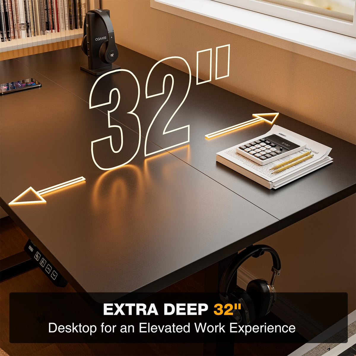 Grandder 55x32 Large Electric Standing Desk, Height Adjustable Computer Desk with 2 Memory Presets, 31.5" Deep Desktop Sit Stand Desk Home Office Desk Workstation Table with Hooks, Black