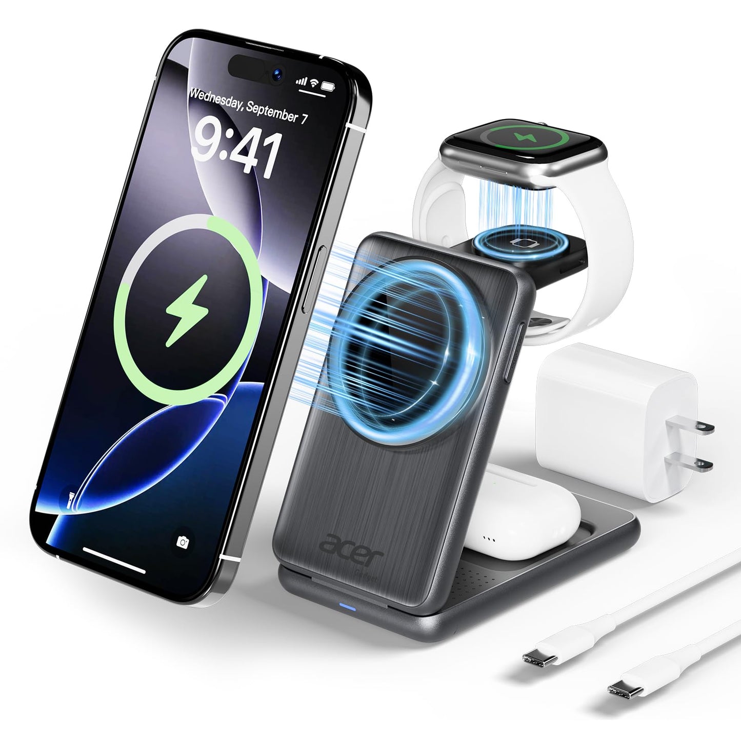 Acer 3 in 1 Charging Station for Apple Device, Magnetic Wireless Foldable Fast Charger Stand Compatible with MagSafe for iPhone, Apple Watch & AirPods, Foldable Charging Dock for Desk S3