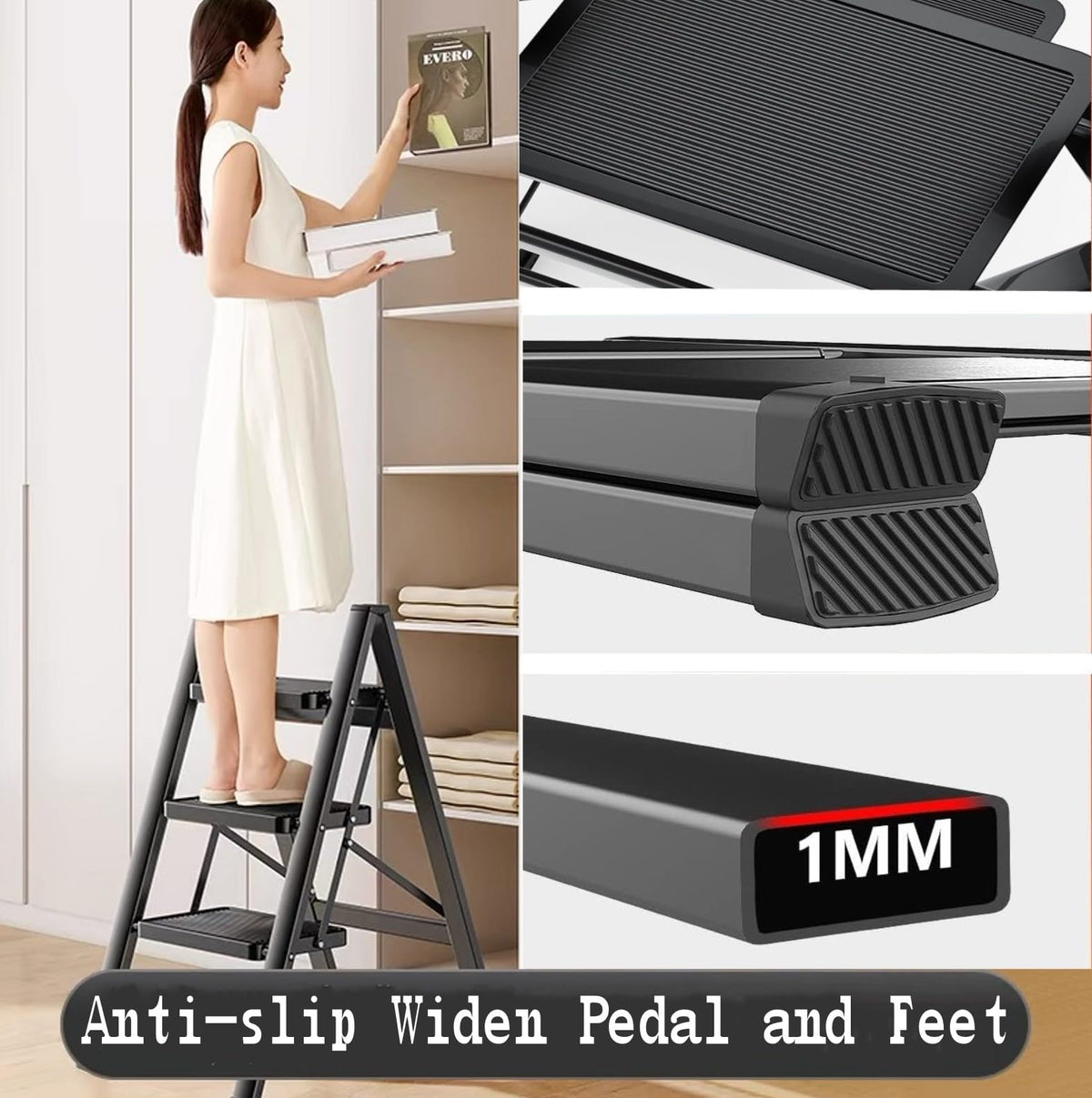 Runruii Step Ladder 5 Step Folding Portable Step Ladder with Anti-Slip Wide Pedal Aluminum Stepladder Lightweight Step Stool for Office Household Library 300lbs - Black