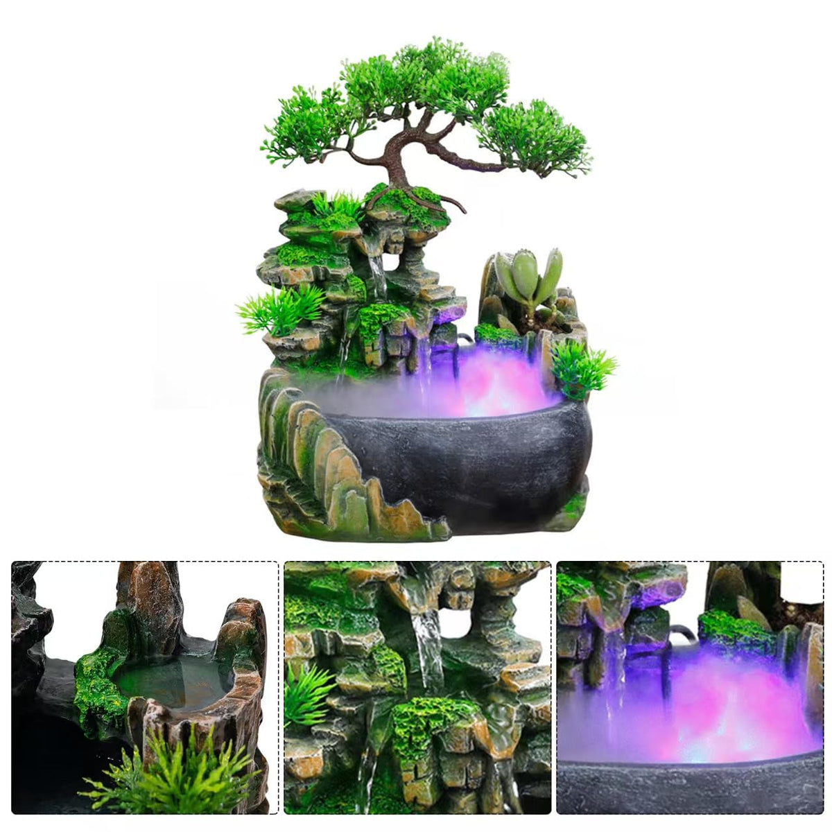 11-Inch Tabletop LED Waterfall Fountain with Atomizer – Quiet Resin Rockery Mist Humidifier for Bedroom, Office, Meditation or Gift Décor