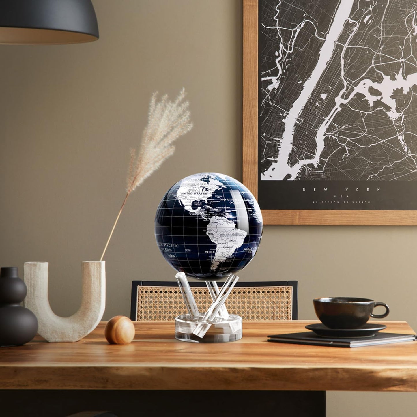 MOVA Globe - Jet Black and Silver Signature (6") | Solar-Powered Rotating Desk Globe with Minimalist Map Design | No Batteries or Cords | Modern Decor Gift