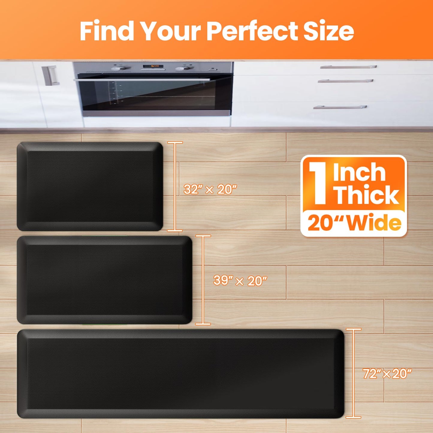 TranquilMoments Kitchen Mats for Floor, 1 Inch Extra-Thick Kitchen Rugs, Non-Slip & Waterproof Standing Desk Mat, Comfort Anti Fatigue Mats for Kitchen Floor, Home, Sink, Office (20" X 32", Black)