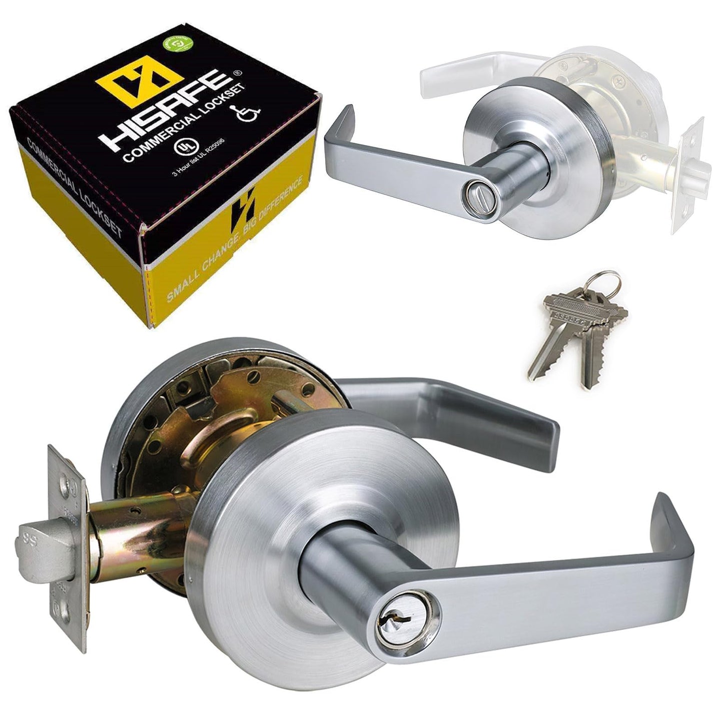 HISAFE Keyed Entry Grade 2 Commercial Door Locks Heavy Duty Office Door Lever, Non-Handed, UL 3 Hour Fire Rated, ADA Compliant, Satin Chrome Finish 26D, 2-3/4''Backset X-XG-ET-70