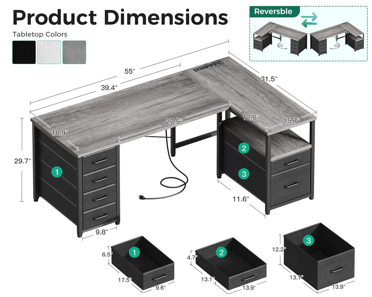 Coleshome L Shaped Computer Desk with 6 Drawers & Power Outlet, 55 Inch Corner Desk with Reversible Storage Shelf & File Drawer, Home Office Desk, Grey Oak