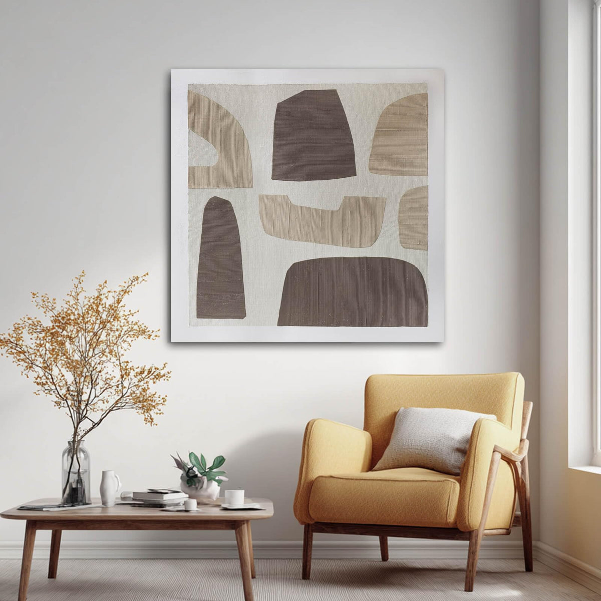 Neutral Geometric Abstract Wall Art, Hand-Painted Oil Painting on Canvas, Framed, Textured Wall Decor, Ready to Hang, Modern Minimalist Decor for Living Room, Office, 40x40 Inch