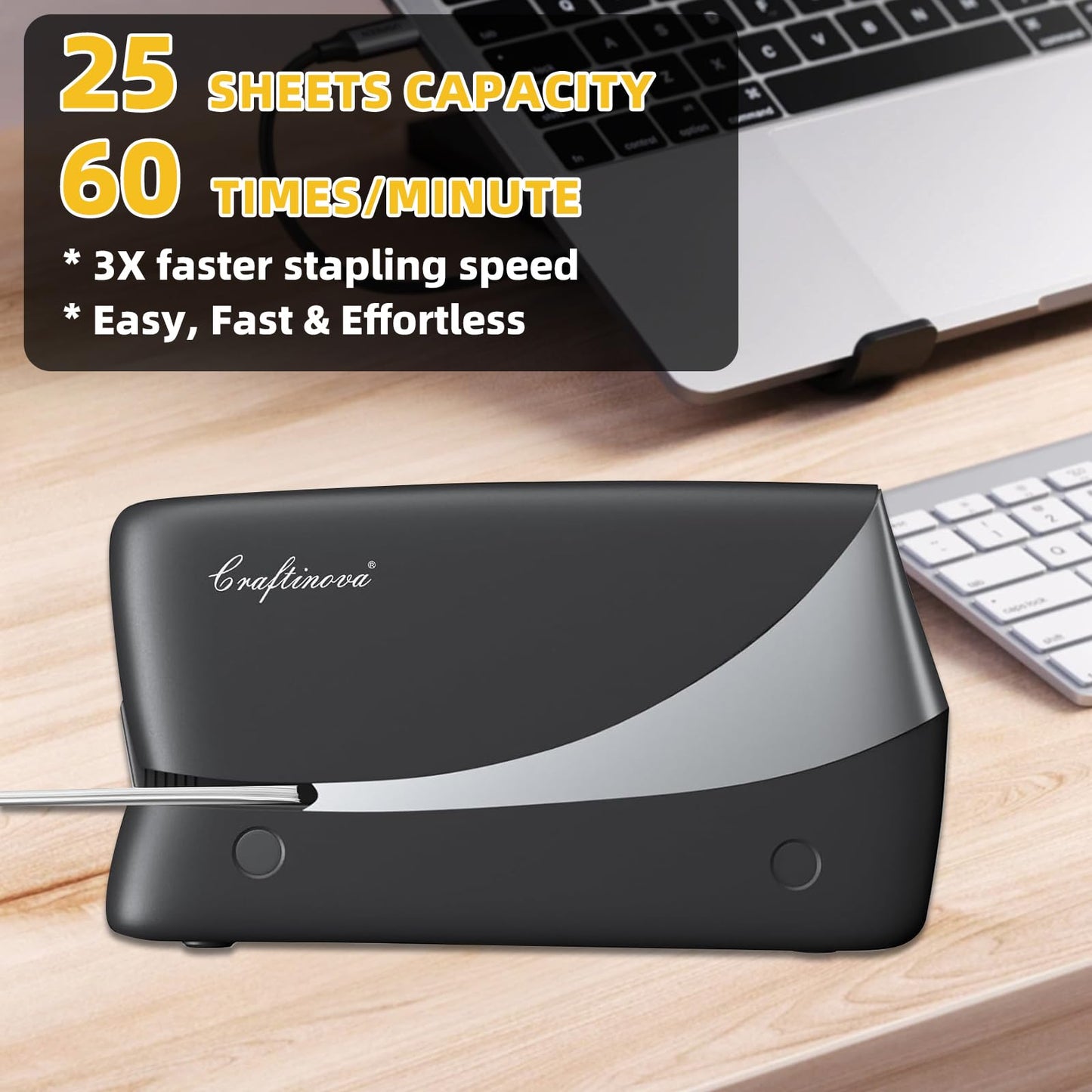 Craftinova Electric Stapler, 25 Sheet, Include 2000 Staples and 1 Remover, Jam Free, Professional and Home Office Stapler，Battery not Included，AC or Battery Powered.
