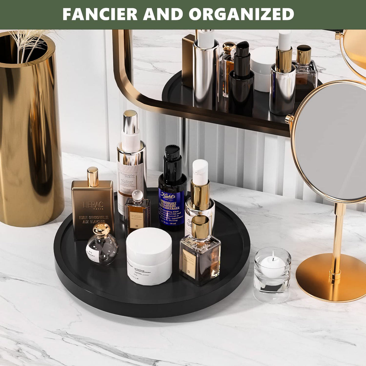 VeyFey Turntable Vanity Tray 10 Inch for Perfume Candle, Bamboo Kitchen Sink Countertop Organizer Keep Glass, Sponge and Soap Bathroom Coffee Table Decorative Black (VFLZ)