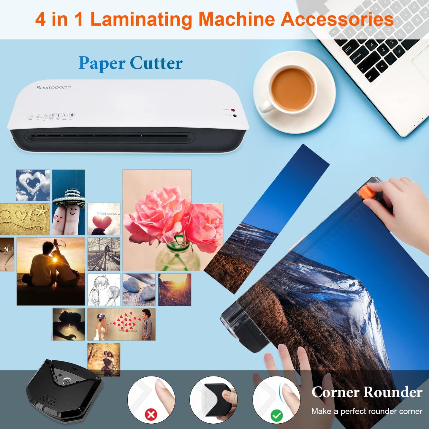 Laminator, A4 Laminater Machine, 9 Inch Thermal Laminater Machine, 4 in 1 Personal Desktop Cold Laminator with Paper Cutter and Corner Rounder 15 Laminating Pouches for Office School Business Use