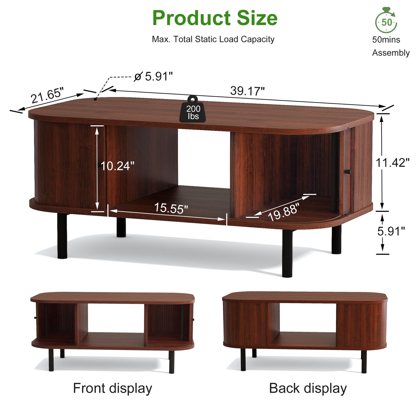 Coffee Table, 39.4" Mid Century Modern Coffee Tables for Living Room, Coffee Table with Storage Open Shelf, Fluted Table with Sliding Cabinet Door, Suitable for Living Room, Home Office, Walnut