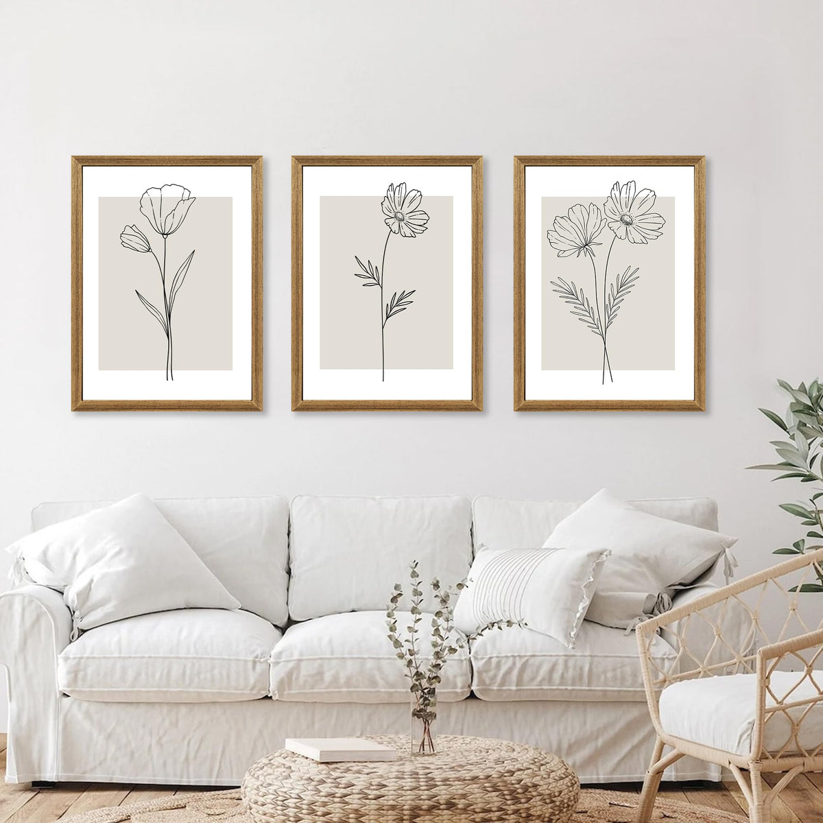 ICHZUMW Neutral Botanical Floral Wall Art, Black and White Farmhouse Flowers Wall Decor, Modern Minimalist Line Art Canvas Prints, Beige Artwork, Living Room Bedroom Home Office, Set of 3, 12x16in
