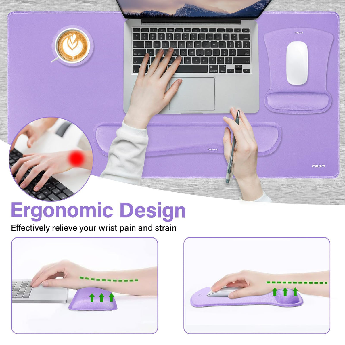 MOSISO Keyboard Mouse Pad Set, Large Gaming Mousepad&Keyboard Wrist Rest&Mouse Wrist Rest&Coaster, Ergonomic Non-Slip Mousepad&Easy Typing Cushion with Memory Foam for Home Office, Purple