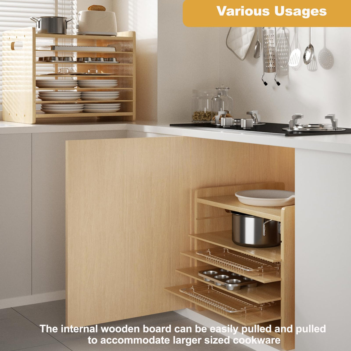 Sawjut 7 Tier Wooden Tray Dividers for Cabinets Cookie Sheet Organizer for Pot, Pans, Baking Tray Organizer for Kitchen Documents Storage(20" W x 16.5" H x 15.2" D)