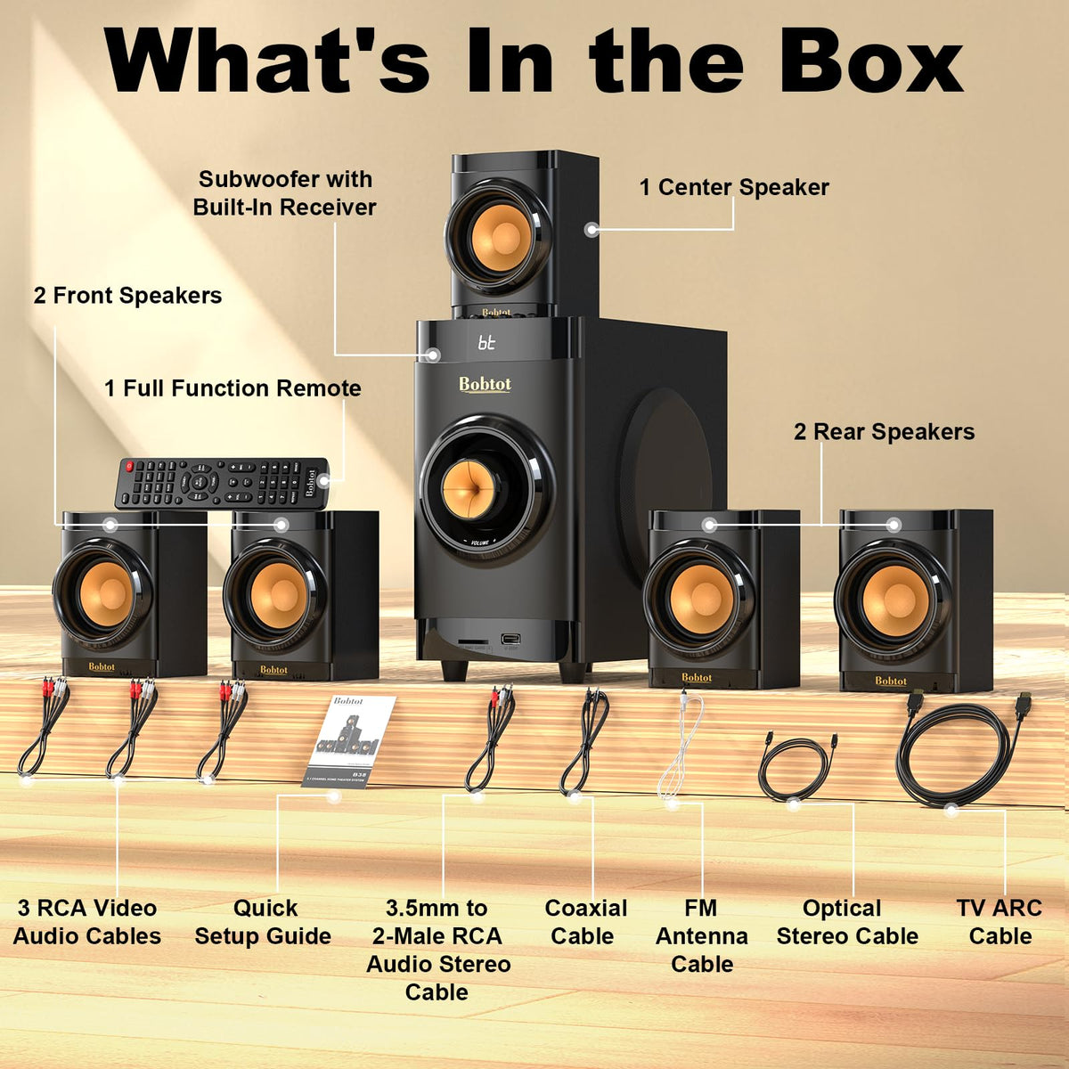 Bobtot Small Subwoofer Home Theater for TV Surround System 5 Wired Speakers Amplifier 4 inch Woofer Built-in Receiver Support ARC Optical Bluetooth Input for Projector