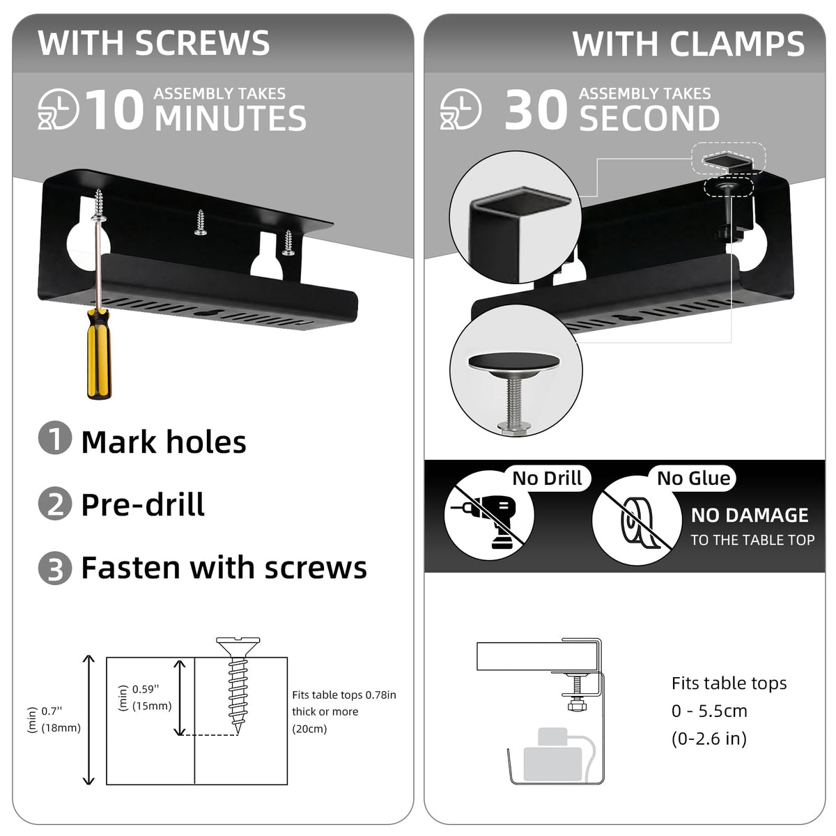 No Drill Under Desk Cable Management Tray with Clamp, Home/Office Desk Cord Organizer and Accessories Storage Shelf, 17'' Metal Cable Organizer for Standing/Gaming Desk, Office Supplies, Black 1 Set