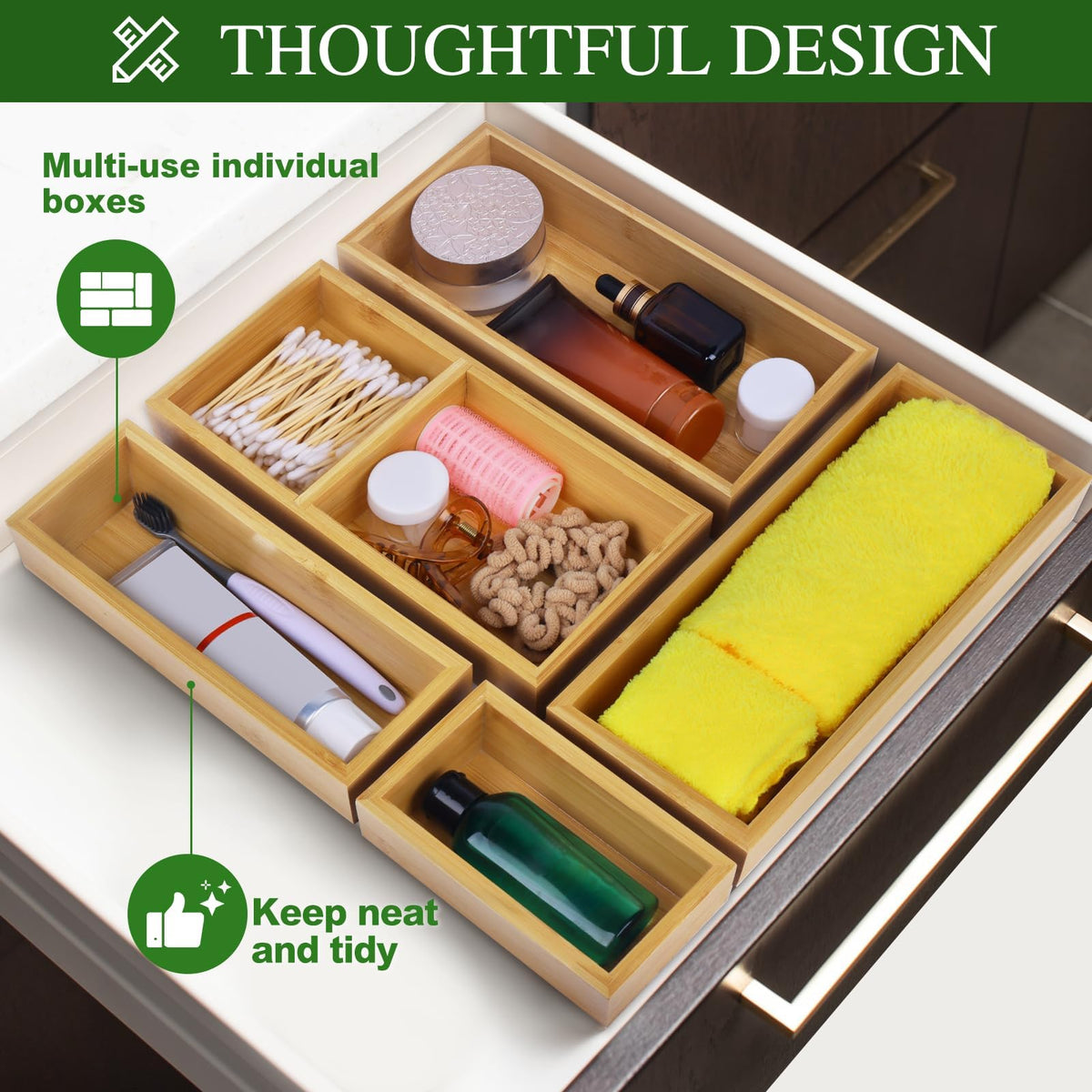 Bamboo Drawer Organizer Set, 5 PCS Multi-Use Individual Wood Storage Organizers, Junk Drawer Divider and Storage Trays Containers for Kitchen, Bathroom, Office Desk, Makeup, Jewelry, Utensils