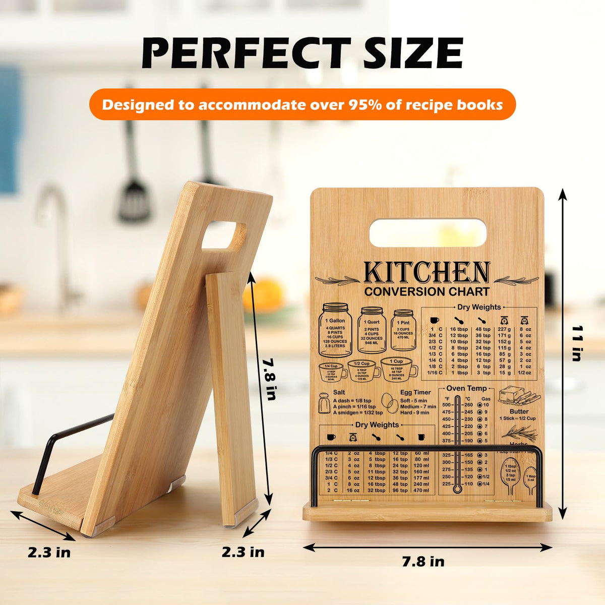 Bamboo Cookbook Stand for Kitchen Counter, Recipe Book Holder with Measurement Conversion Chart, Adjustable Cookbook Holder, Essential Accessories Women Gifts for Birthday Mothers Day