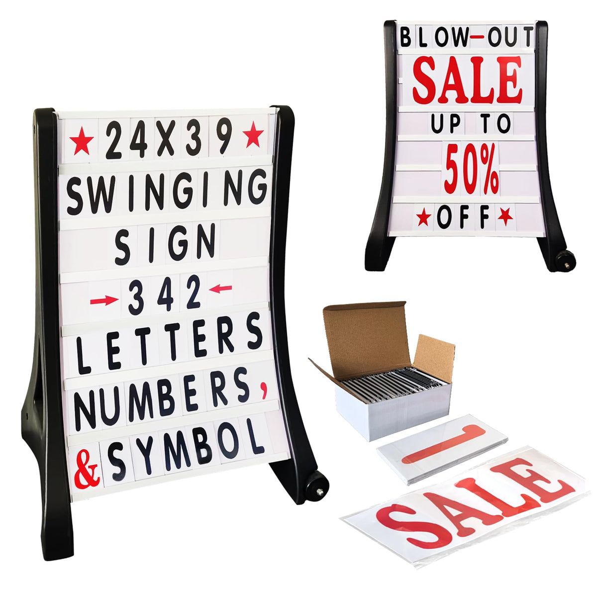DRKSBesto 24"x39" Changeable Message Board Sidewalk Sign, Standard Portable A-Frame Sign & Letter Kit for Outdoor,Business, Large Black Standing Frame with Wheels, Water-Fillable and Wind-Resistant