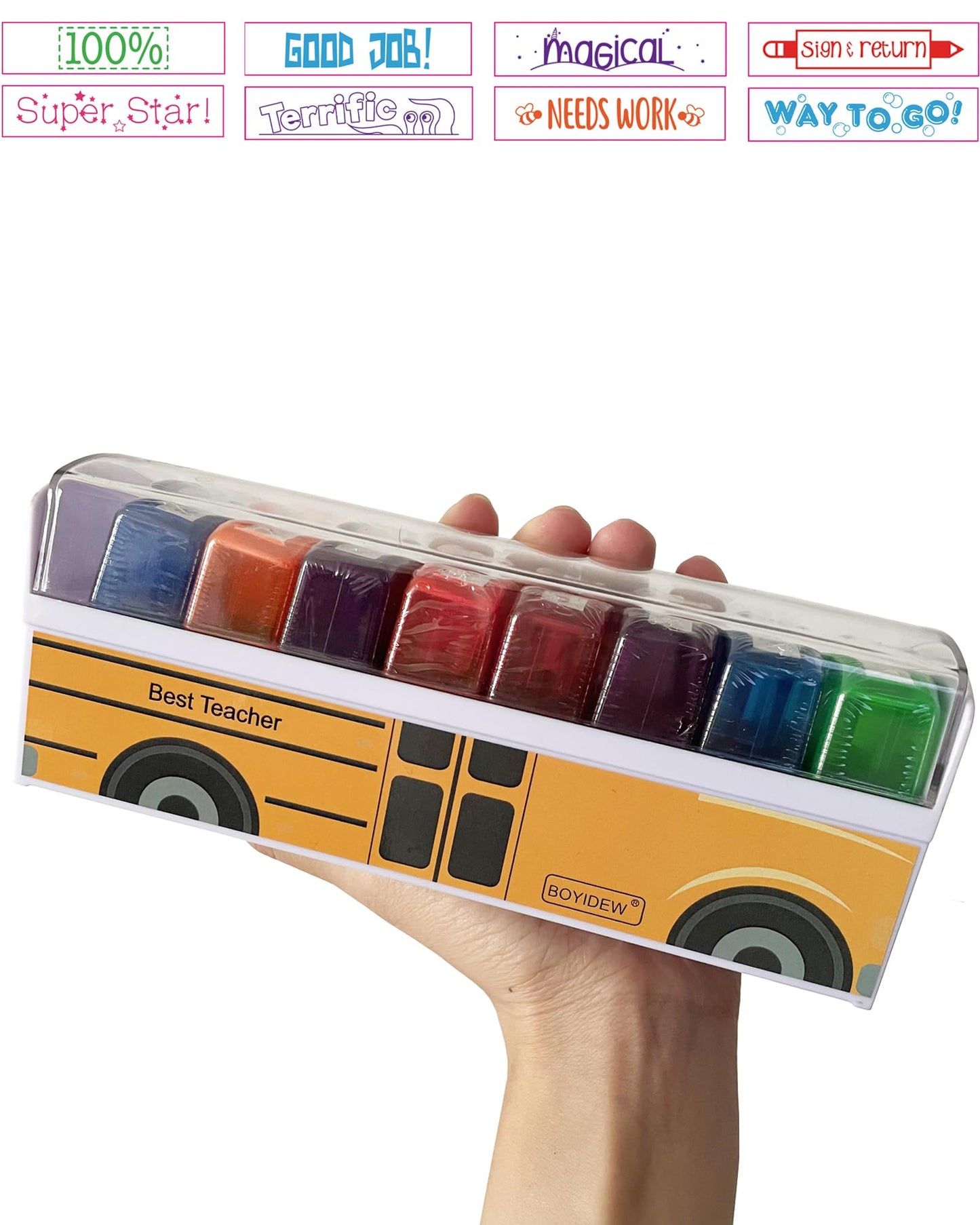 Pack of 8 Sorted Teacher Stamp BOYIDEW Self-Inking Rubber Stamps Teacher Review Photosensitive Stamps for Kids School Education Grading