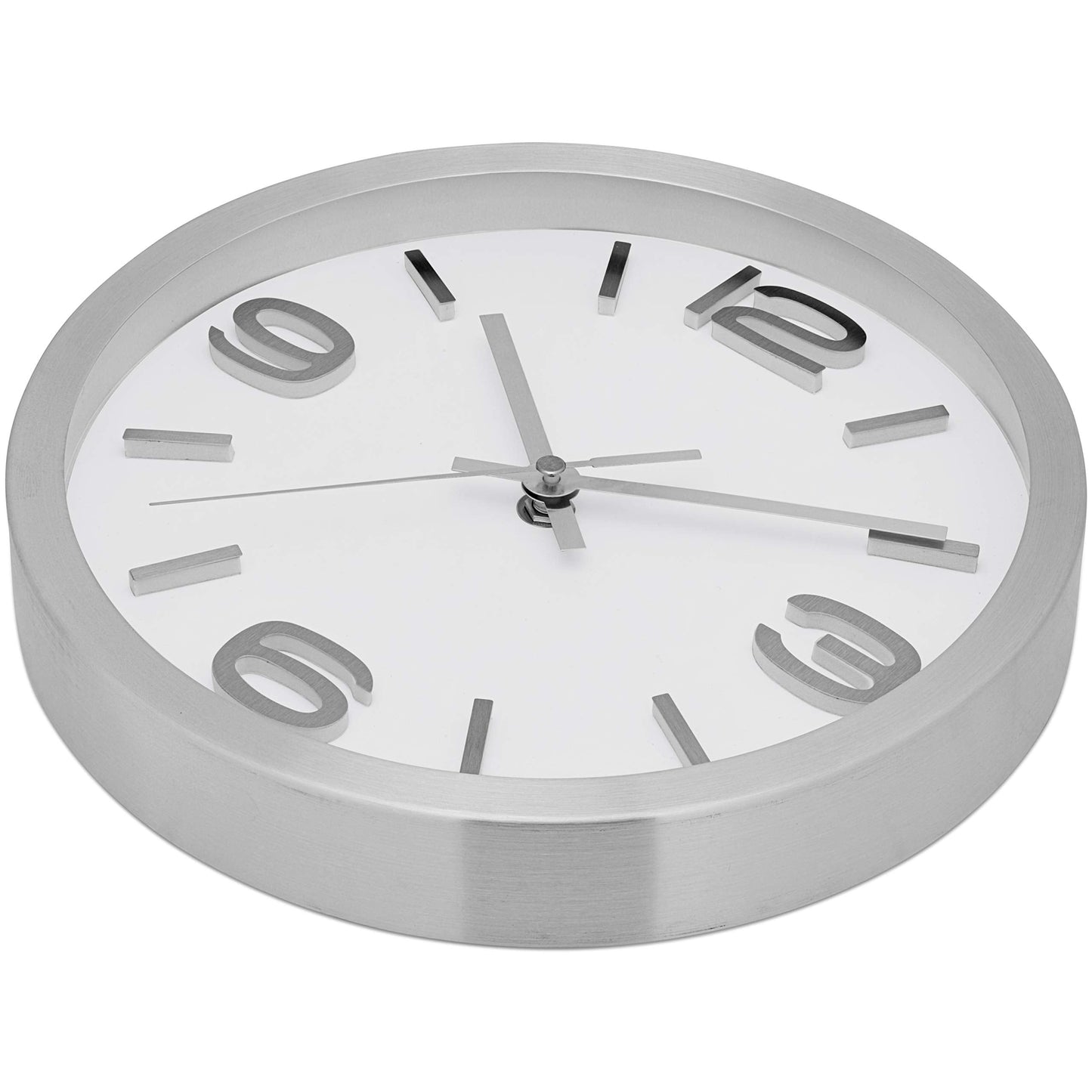 Bernhard Products Modern Wall Clock 10 Inch Silver Silent Non Ticking Battery Operated Round Elegant Metal Quality Quartz for Kitchen Home Office Clock with 3D Numbers, Easy to Read