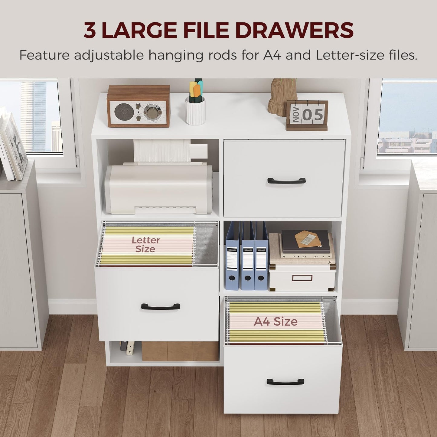 MAHANCRIS 3 Drawer File Cabinet, lateral Filing Cabinet for Home Office, 3 Tier Bookshelf, Modern Office Storage with Printer Stand for A4/Letter Files, White FCWT9001