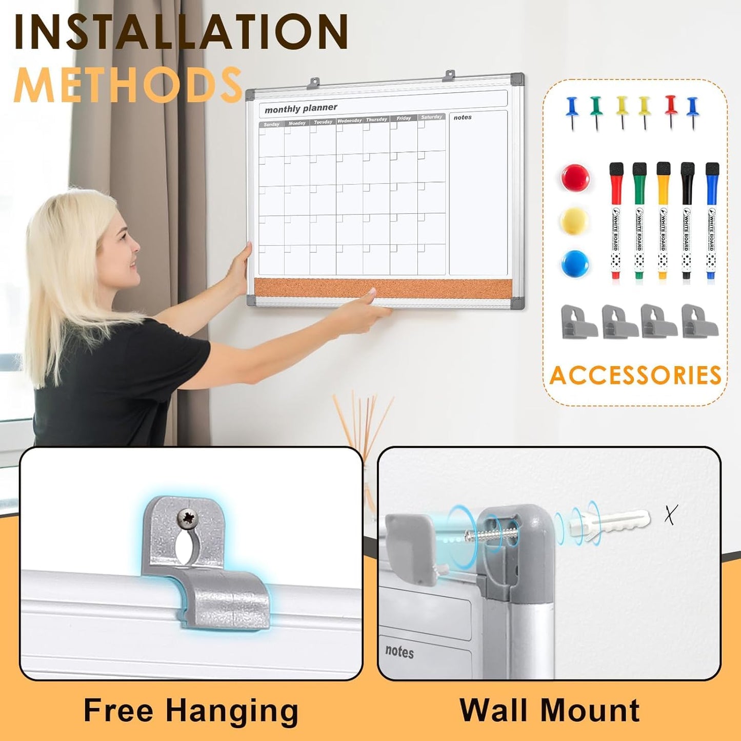 MAKELLO Dry Erase Calendar for Wall 36" x 24", Large Calendar Whiteboard with Cork Board for Office, Home, School, Family, Kitchen and Bedroom, 3' x 2'