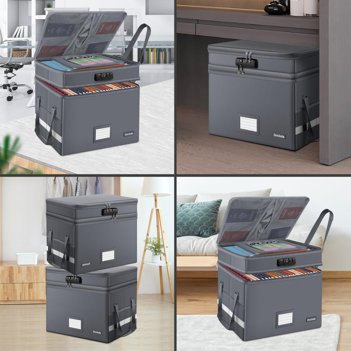 DocSafe File Box with Lock,Multi-Layer Fireproof Document Box Collapsible File Storage Organizer with Pockets/Handle,Large Portable Home Office Filing Box for Hanging Letter/Legal Size Folders,Gray