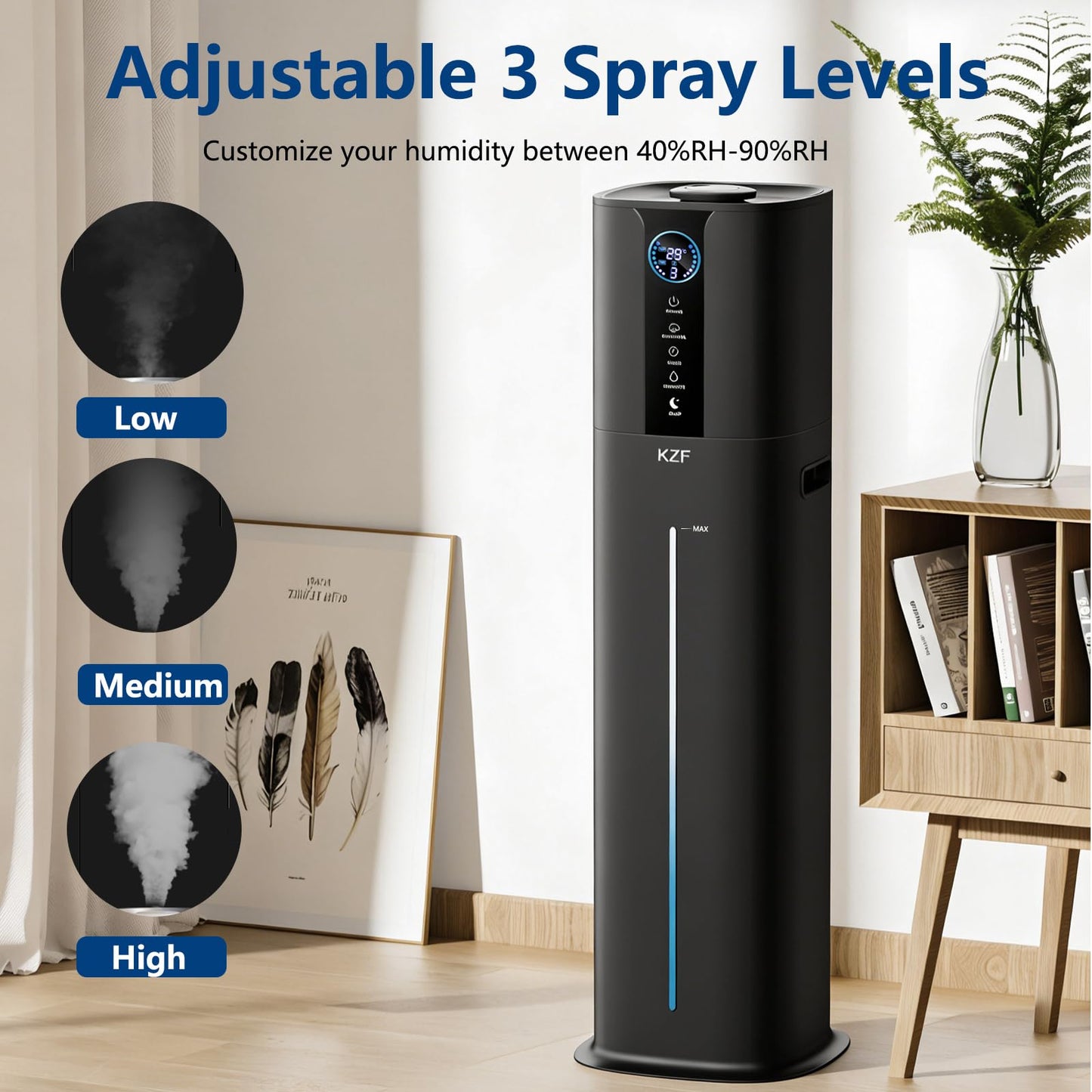 KZF 9L Smart Humidifiers for Bedroom Large Room, 2.3Gal Cool Mist Top Fill Diffuser App & Remote Control, 3 Mist Modes, Quiet Humidifier for Home Office Plant (Black, Remote Control)