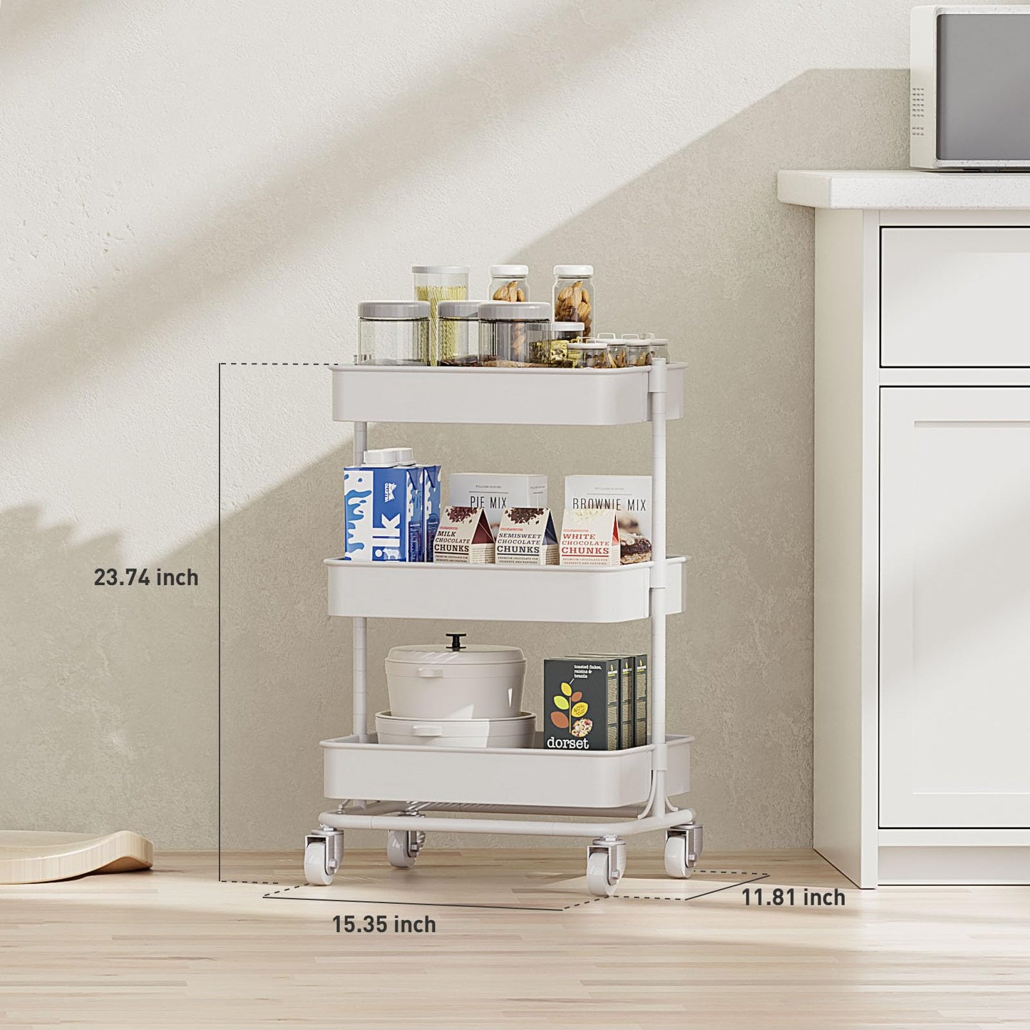 Orchidleaf 3-Tier Modern Metal Rolling Utility Cart with Silent Casters, 15.35x11.81x23.74 inch Heavy Duty Organizing Cart Trolley Organizer for Office, Living Room, Kitchen，(White)
