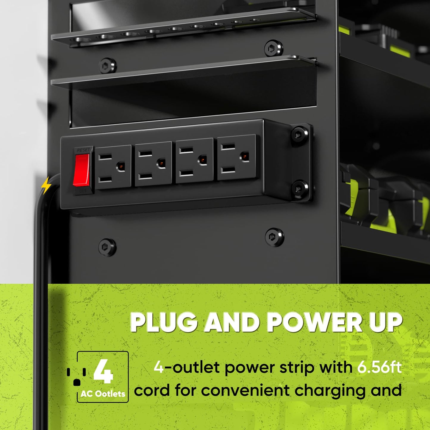 POKIPO Large Power Tool Organizer Wall Mount with Charging Station,4 Layer Heavy Duty Metal Tool Storage Rack Loads 600lbs with 8 Cordless Drill Holder,Battery Utility Rack Loads with 4 Power Strip