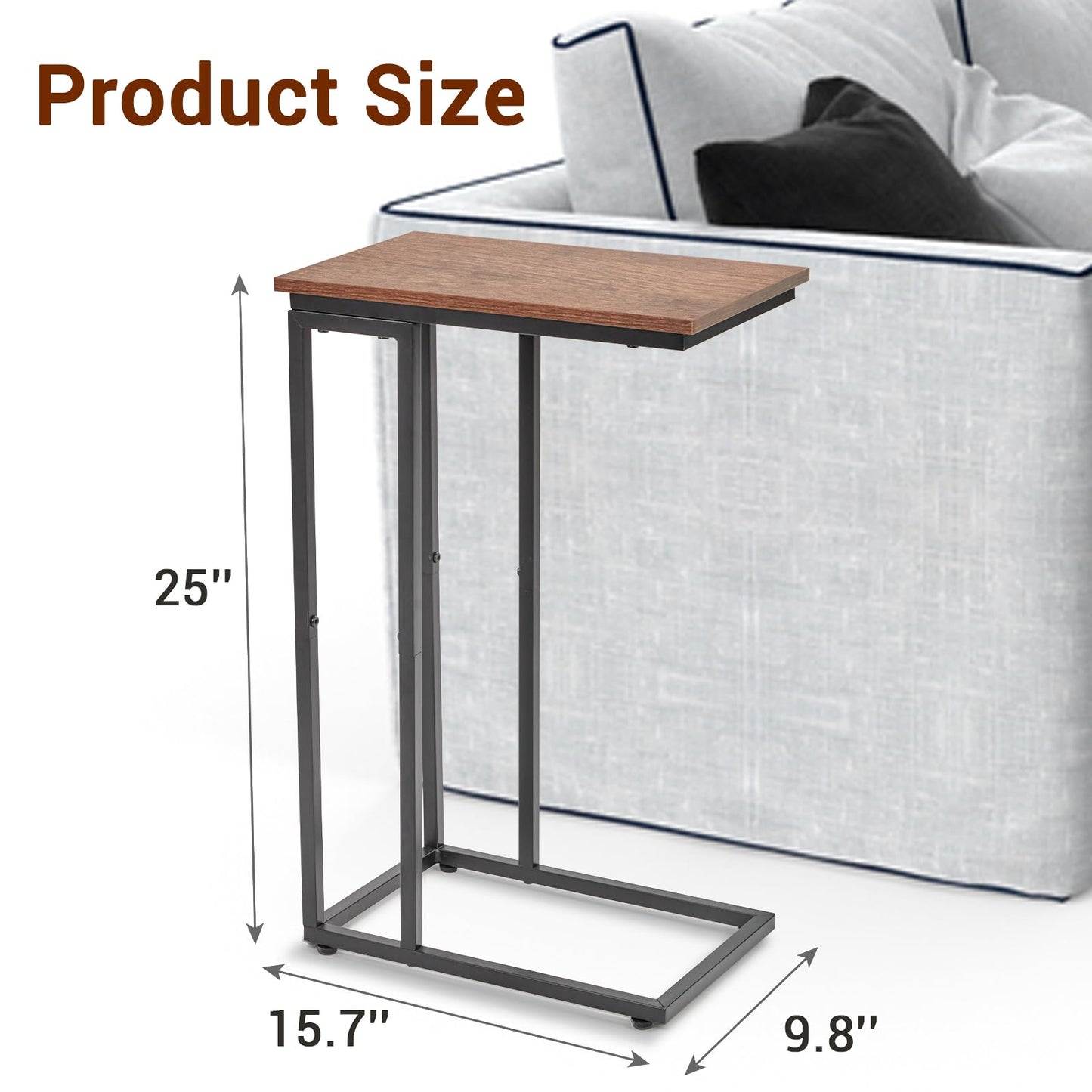 fusehome C-Shaped End Table, TV Tray Set of 2, Couch Side Laptop Table, for Living Room, Bedroom, Small Spaces, Rustic Brown and Black, 2 Pack